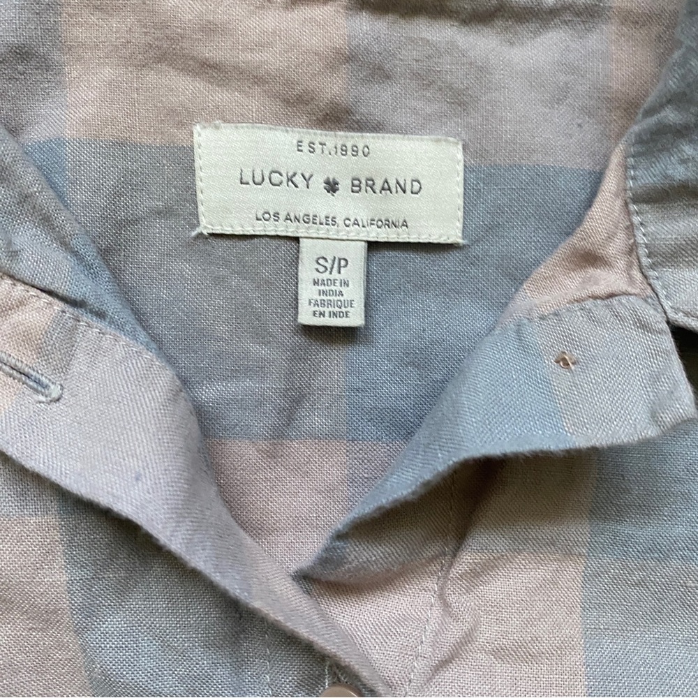 Lucky brand linen blend plaid button down muscle shirt collared size S - Picture 6 of 7